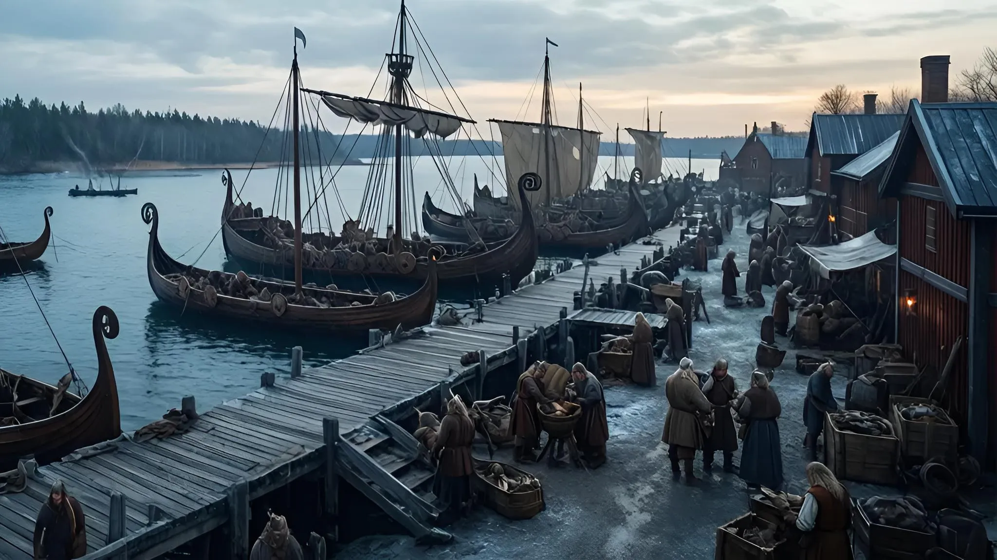 A Viking harbor on Lake Malaren with ships at dawn.