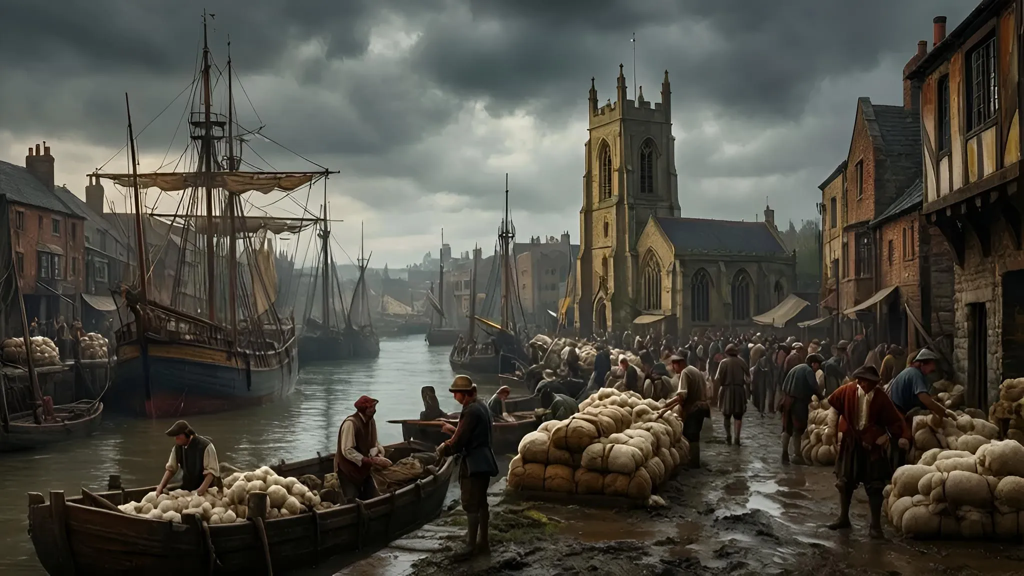 A late medieval port beneath a troubled summer sky.