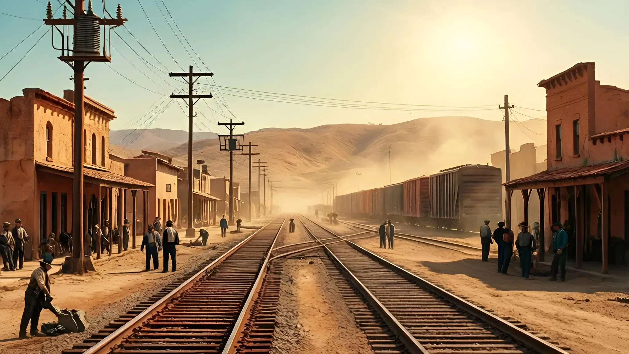 A rail yard in northern Mexico under a hot dramatic sky.