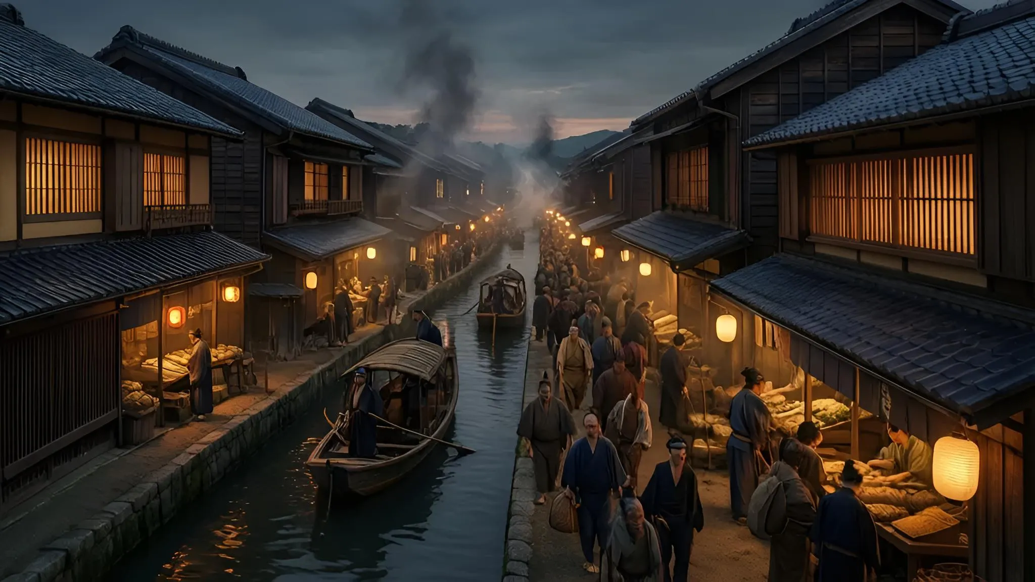 An Edo-period merchant district under paper lantern light.