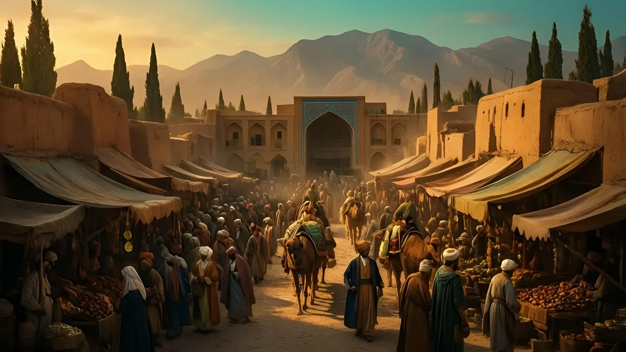A Shiraz bazaar at dusk beneath warm desert light.