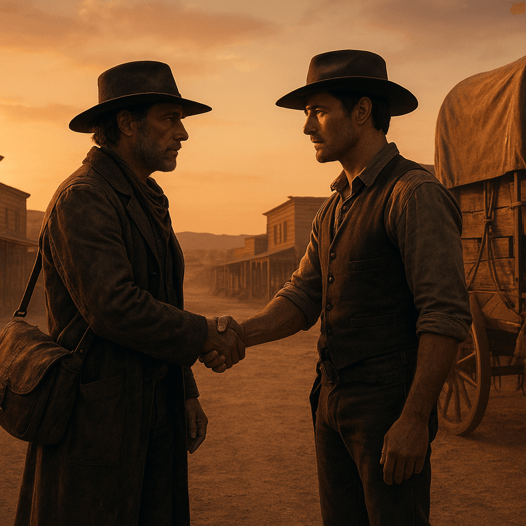 A dusty frontier trading post and wagon trail.