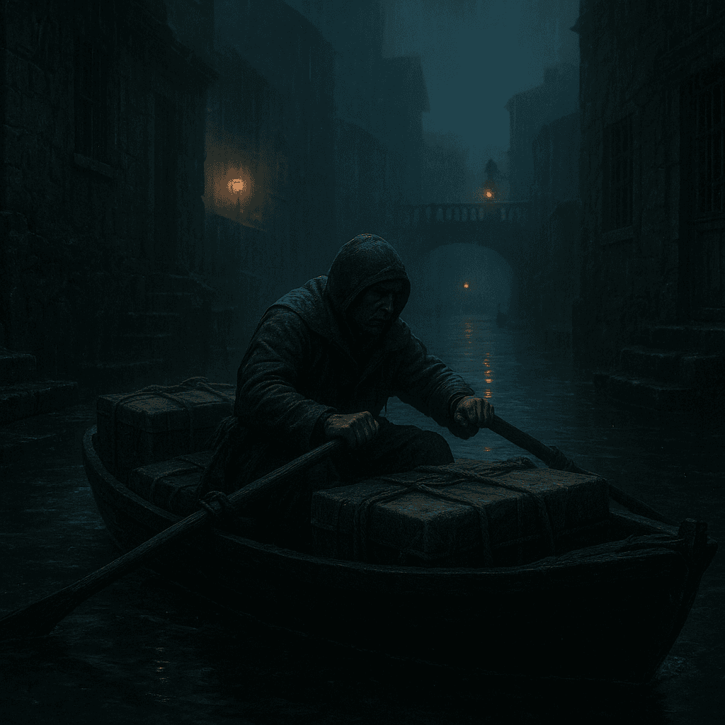 A flooded harbor city lit by lanterns and stormlight.