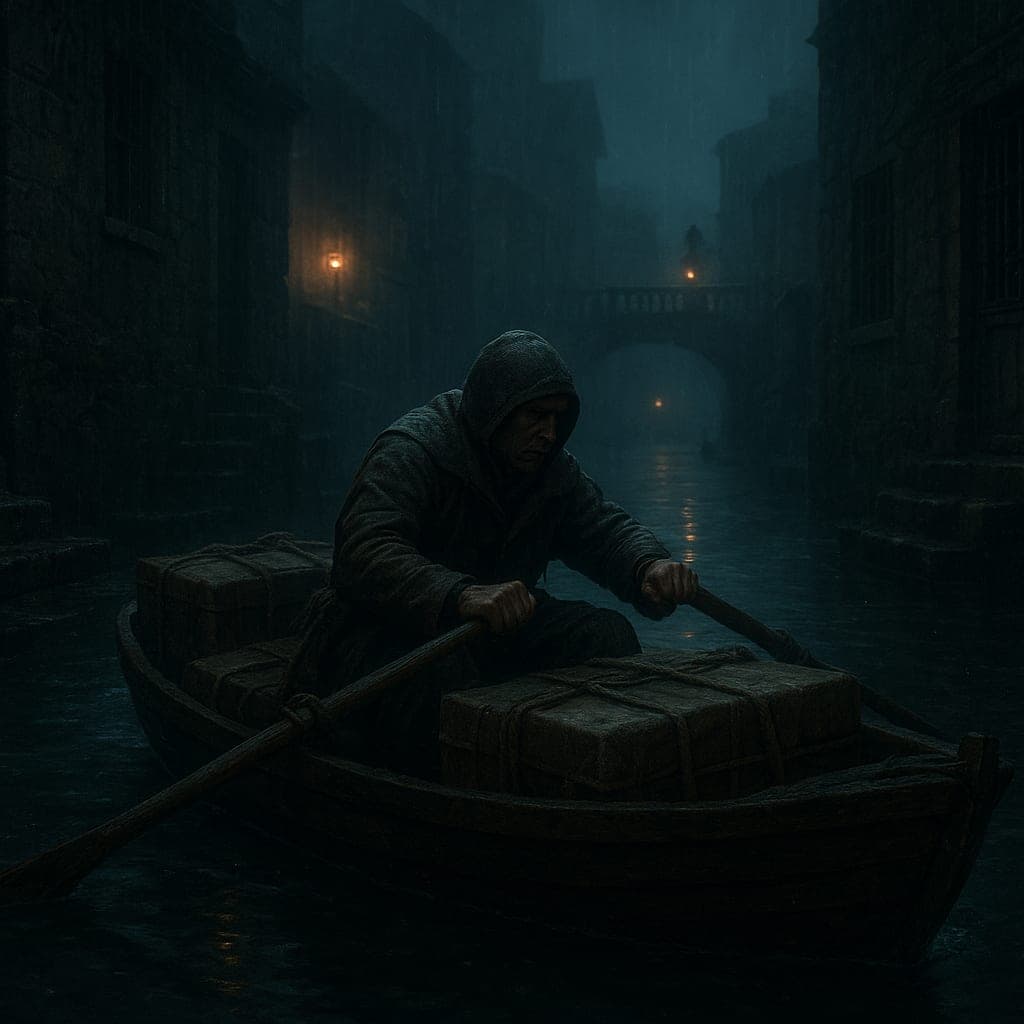A flooded harbor city lit by lanterns and stormlight.